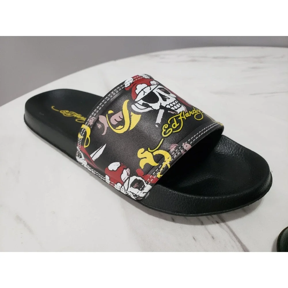 NEW SIZE 12 Ed Hardy Youth Kids Slides flip-Flops Black Pirate Slip On‎ sandals